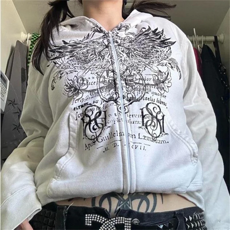 

Print Long Sleeve Oversized Sweatshirts Grunge Mall Goth Jackets Women Fall y2k Harajuku Hoodies 90s Vintage Graphics Wings