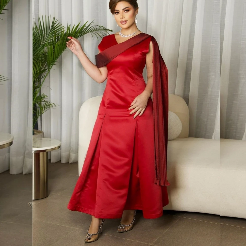 

Prom Dress Satin Draped Cocktail Party A-line V-neck Bespoke Occasion Gown Midi Dresses Saudi Arabia