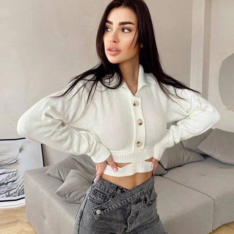 

2022 Winter Women's Lapel Single-breasted Fashion Slim Sexy Navel Long-sleeved Sweater
