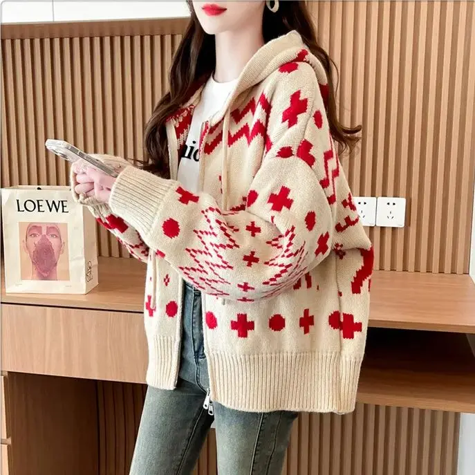 

Hsa Women Sweater and Cardigans Long Sleeve Hooded Christmas Knitted Jumpers Deer Sweater Coat Zipper Stitch Knitcoat