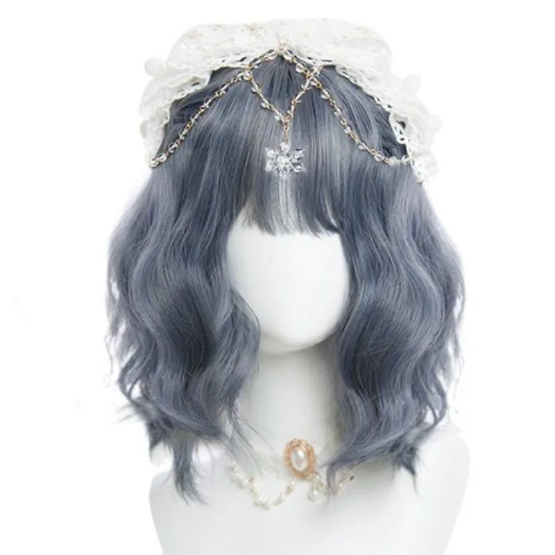 

Girls Short Bob Synthetic Wigs Women Blue Wavy Curly Wig with Bangs Lolita Cosplay Natural Fluffy Hair Wig for Daily Party