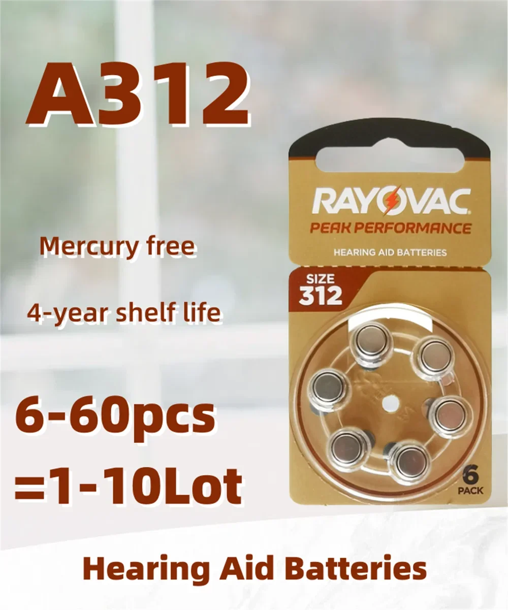 

Hearing Aid Batteries 6-60PCS / 1-10Cards RAYOVAC PEAK 1.45V 312 312A A312 PR41 Zinc Air Battery For BTE CIC RIC OE Hearing Aids