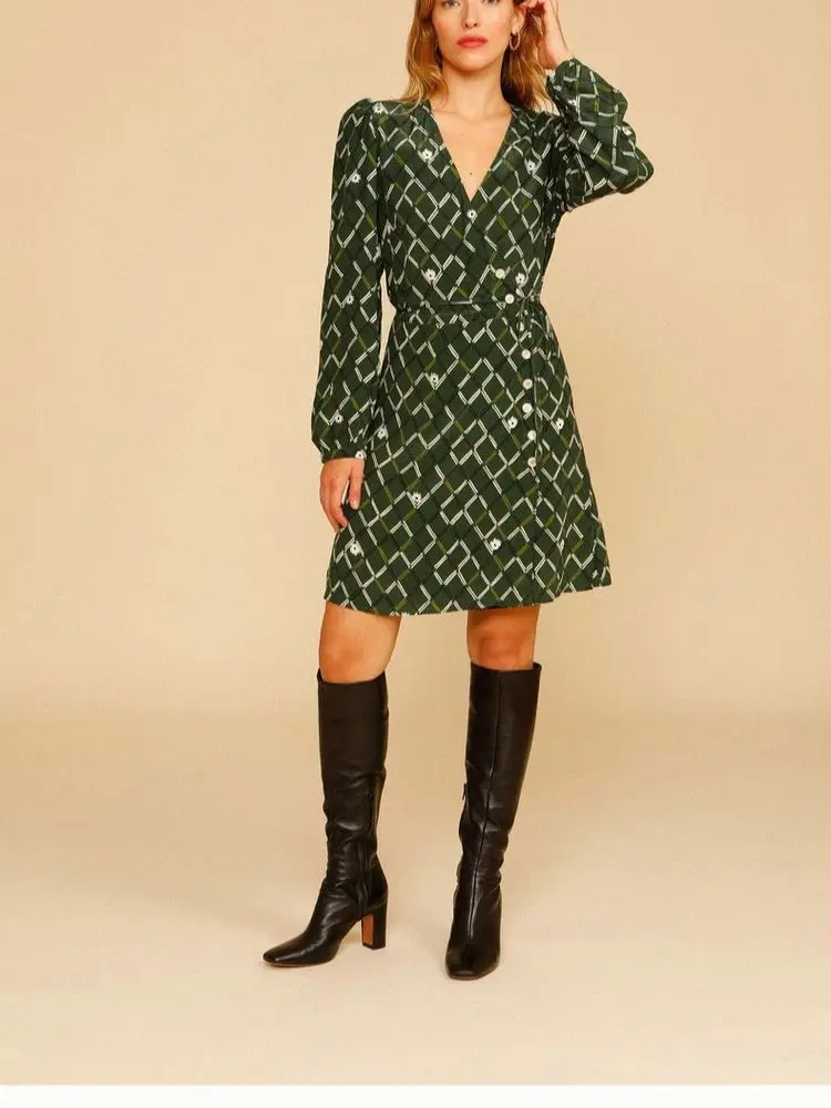 

Green Printed Short Dress for Women Long Sleeve French Ladies Tea Break Warp with Buttons Holiday Mini Dresses