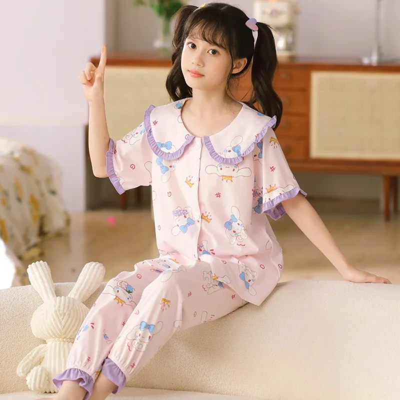 Детский пижамный комплект Аниме Sanrio Cinnamoroll Kuromi, весна-осень, Мультяшные брюки с коротким рукавом для девочек, удобный комплект для отдыха
Детский пижамный комплект Аниме Sanrio Cinnamoroll Kuromi, весна-осень, Мультяшные брюки с коротким рукавом для девочек, удобный комплект для отдыха