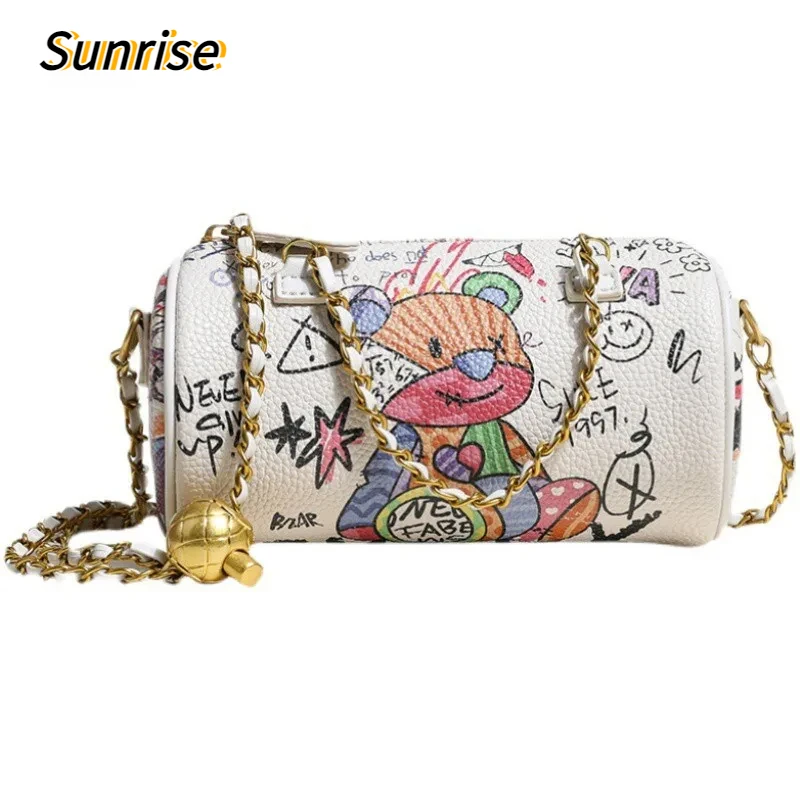 

Women's Anime Graffiti One Shoulder Bag Cute Little Bear Cartoon Bag Girl Handbags Simple Messenger Bag Chain Cylinder Bag