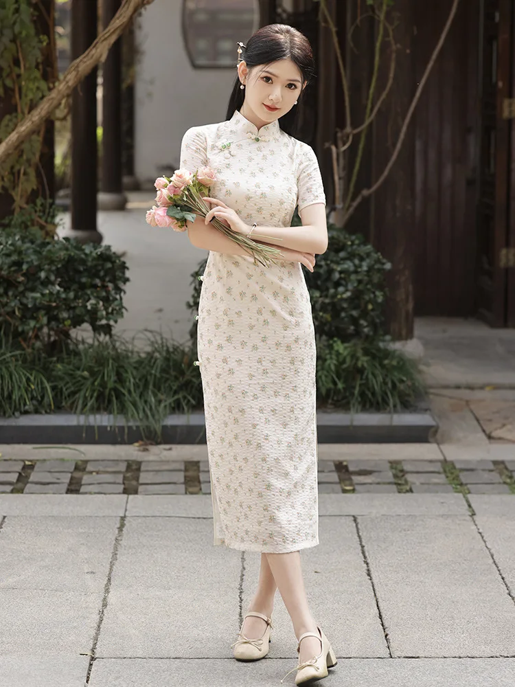 

Traditional Femlae Short Sleeve Qipao Vintgae Classic Mandarin Collar Chinese Dress Sexy Print Cheongsam Vestidos