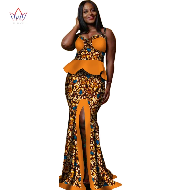 Фото Bintarealwax African 2 Piece Suit Women Bazin Top and Sling Skirt Ankara Clothes Sexy Plus Size Clothing WY1419 | Тематическая