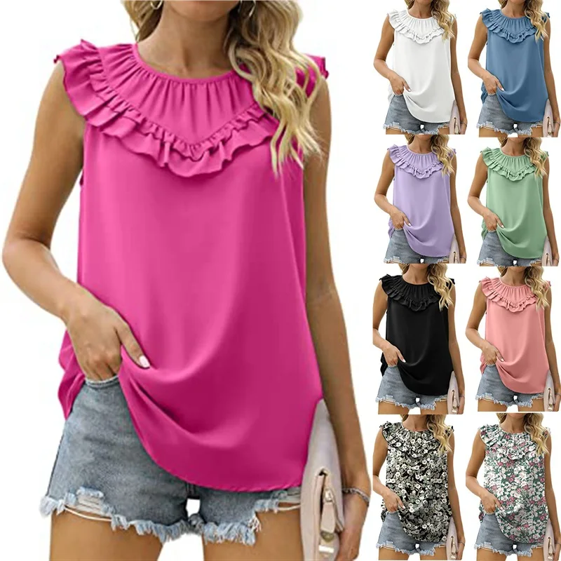 2023 Summer New Sleeveless Pleated Splicing Shirt Women's Commuter Vest Female Wooden Ear Edge Loose Chiffon Tops
2023 Summer New Sleeveless Pleated Splicing Shirt Women's Commuter Vest Female Wooden Ear Edge Loose Chiffon Tops