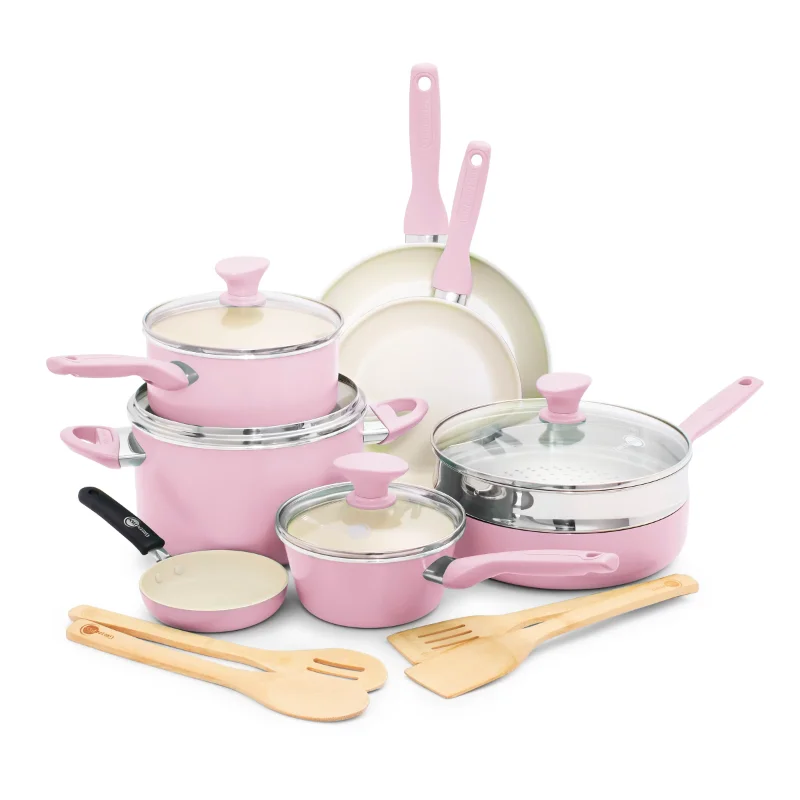 

GreenPan Rio Healthy Ceramic Nonstick 16pc Cookware Set, PFAS-Free, Dishwasher Safe, cooking pots set Pink