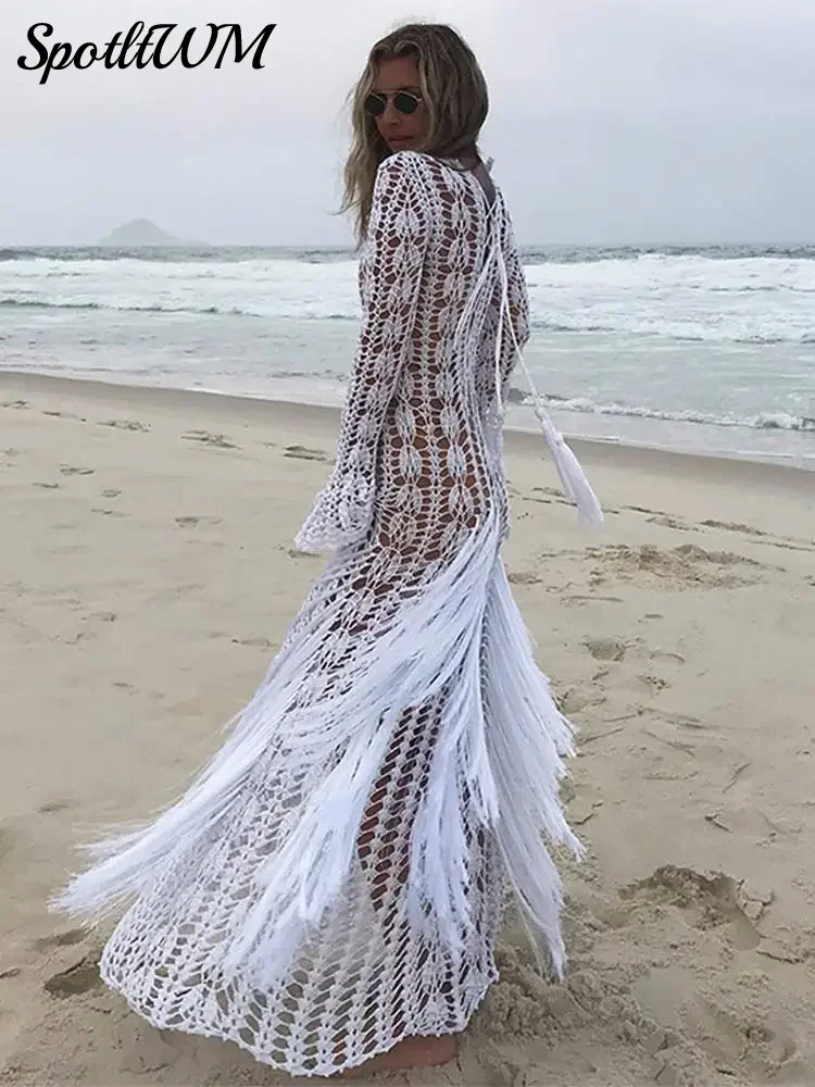 

Crochet Hollow Out Splicing Tassels Maxi Dress Sexy Women Flare Sleeve Lace Up Vestidos 2024 Summer Lady Chic Beach Holiday Robe