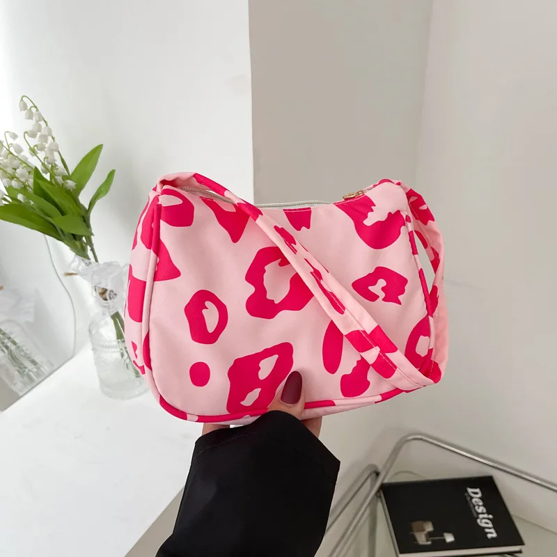 

Pink Leopard Canvas Shoulder Bags Underarm Bag Vintage Ladies Small Purse Handbags Casual All-match Fashion Women Square Bags