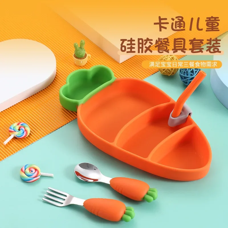 Children's Cute Carrot Silicone Divided Plate Set Baby Food Stainless Steel Fork Spoon Cute Baby Tableware
Children's Cute Carrot Silicone Divided Plate Set Baby Food Stainless Steel Fork Spoon Cute Baby Tableware