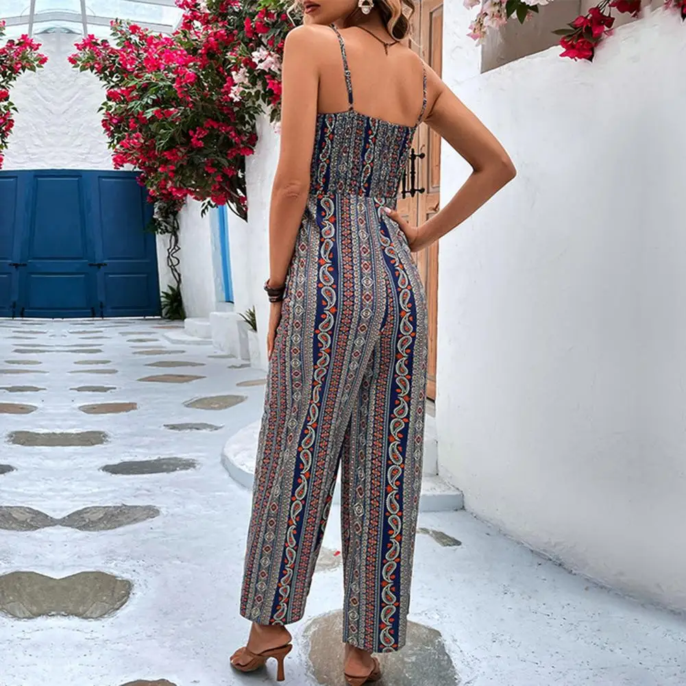 

Women Jumpsuit Women Jumpsuit Ethnic Style Printed Jumpsuit with Adjustable Spaghetti Straps Lace-up Knot Detail Wide for Women