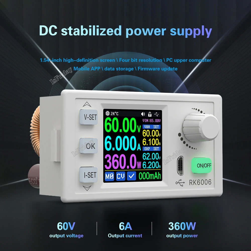 Isfriday RK6006 RK6006-BT 60V 6A 4 Digit Communication Adjustable DC to DC Step Down Voltage Bench Power Supply Buck Converter
Isfriday RK6006 RK6006-BT 60V 6A 4 Digit Communication Adjustable DC to DC Step Down Voltage Bench Power Supply Buck Converter