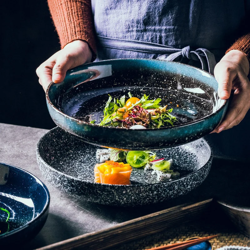 

Японская керамическая глубокая тарелка в стиле ретро, для салата, пасты, столовые тарелки, столовая посуда для ресторана, кухни