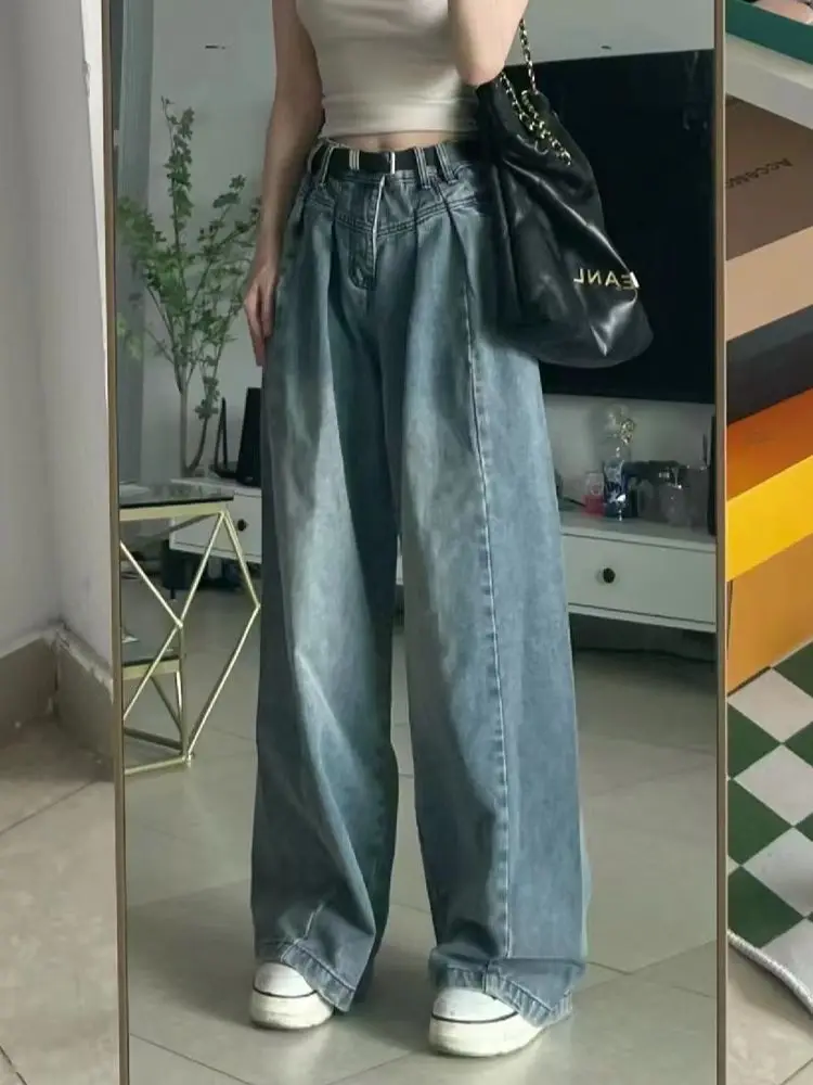 

2023 Autumn Women's Loose Wide Legs Denim Trousers High Waisted Straight Leg Pants Floor-length Button Fly Vintage Lady Jeans