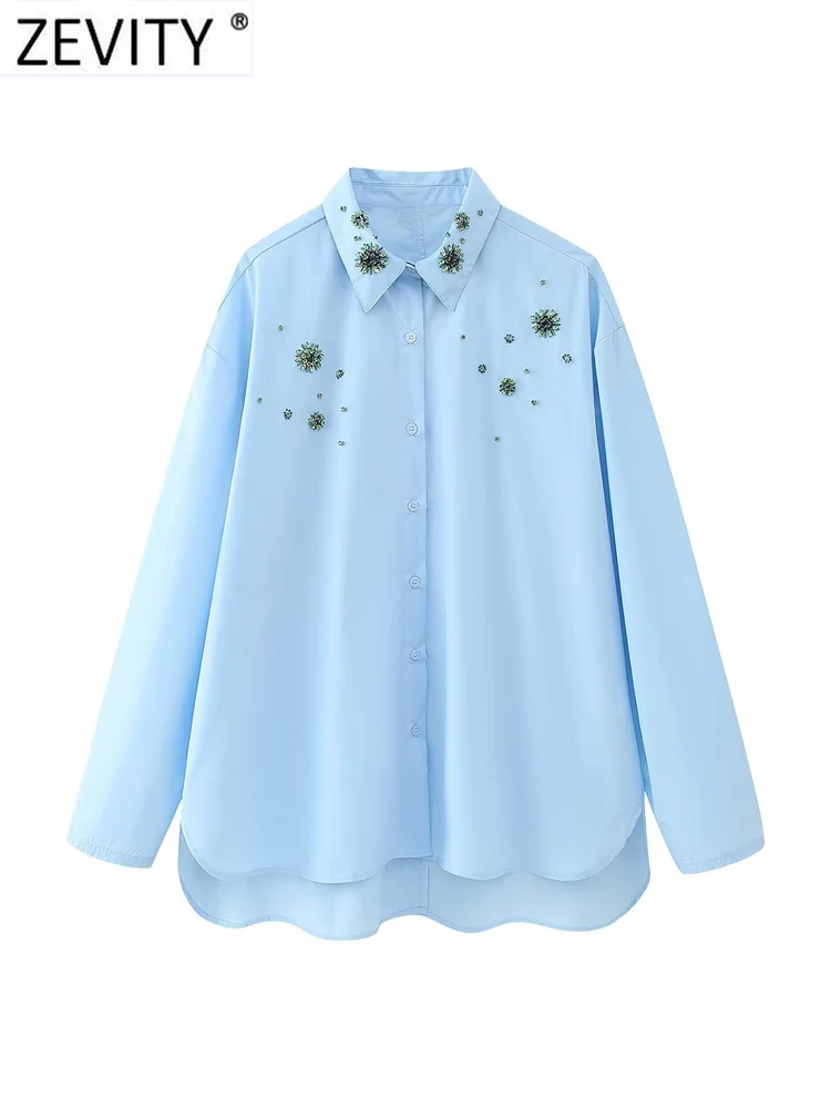 

Модная женская блузка Zevity из поплина с вышивкой бусинами и бриллиантами, Офисная Женская Повседневная рубашка с длинным рукавом, шикарная рубашка, блузки, топы LS5554