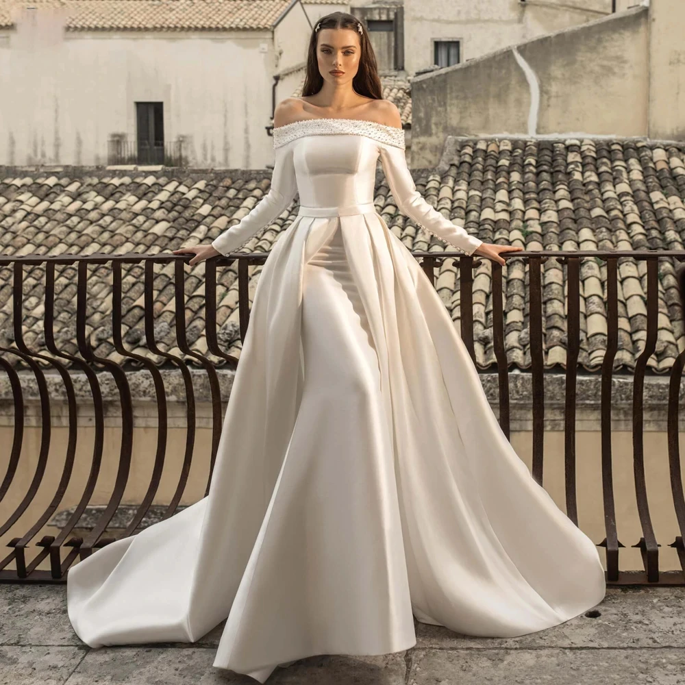 Luxury Wedding Dress Off The Shoulder Detachable 2 In 1 Full Sleeve Pearls With Train Bridal Gowns Soft Satin Vestidos De Novia
Luxury Wedding Dress Off The Shoulder Detachable 2 In 1 Full Sleeve Pearls With Train Bridal Gowns Soft Satin Vestidos De Novia