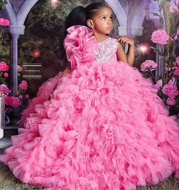 

Luxury Pink Organza Pageant Quinceanera Dresses for Little Girls Halter 3D Floral Flowers Lace Flower Girl First Communion Dres