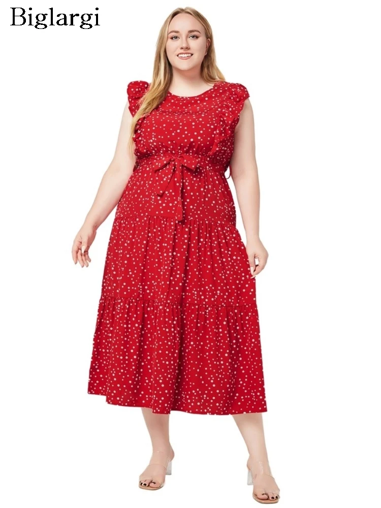 Платье женское средней длины без рукавов, модное Плиссированное повседневное Свободное платье с принтом в горошек, с оборками, большие размеры, на лето 
Платье женское средней длины без рукавов, модное Плиссированное повседневное Свободное платье с принтом в горошек, с оборками, большие размеры, на лето