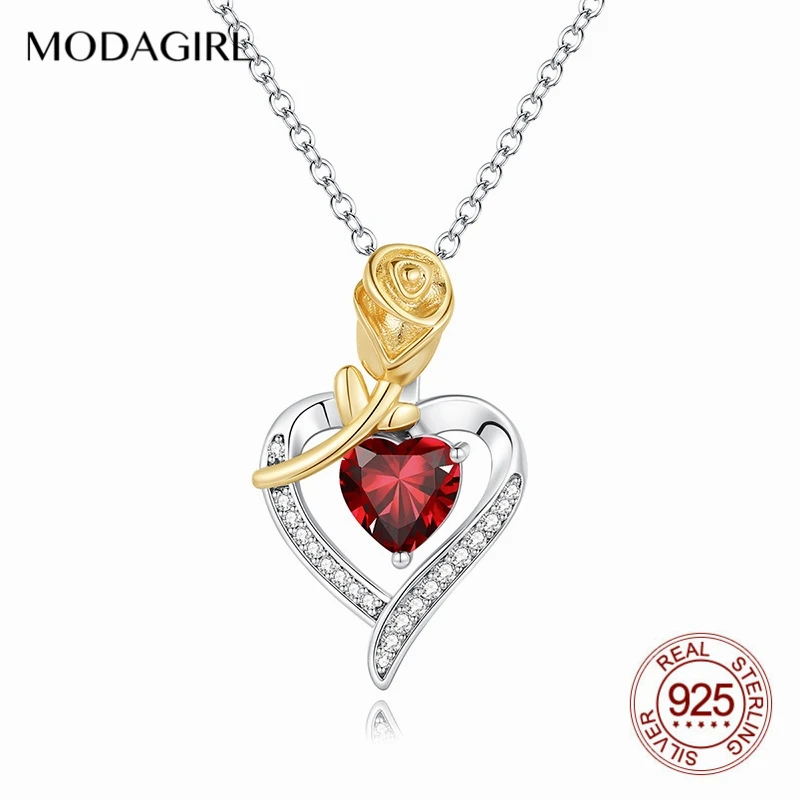 

MODAGIRL Authentic 925 Sterling Silver Red CZ Heart Shape Pendant Necklace with Rose Flower for Girlfriend Valentines Day Gift