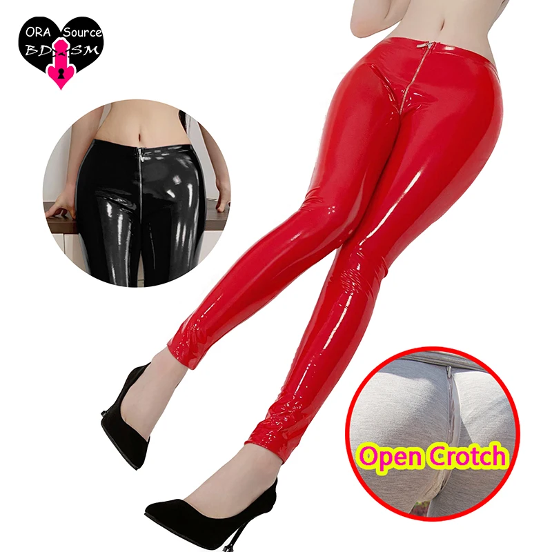 

Woman's Sexy Open Crotch PU Leggings Clubwear Leather Party Push Up Hot Pants Erotic Zipper Gym Crotchless High Rise Trousers
