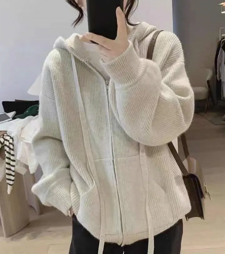 

Knitting Hooded Female Cardigan 2023 New Autumn Causal Winter Solid Long Sleeve Lazy Breeze Loose Coat Fashion Women's Tops