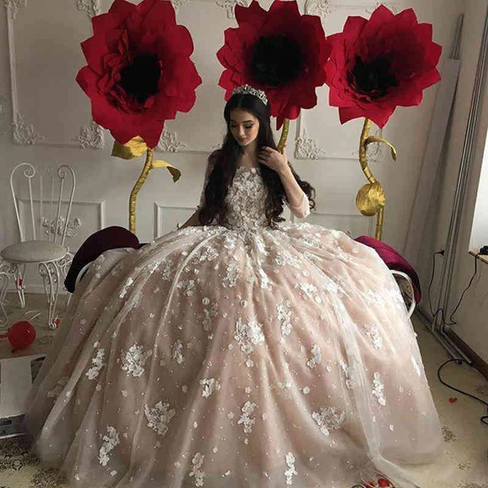 

Quinceanera Dresses Champagne Blush Sleeves Ragazza Corset Back Beaded Ball Gown Princess Prom Dresses Sweet 16 Long Pageant Dre