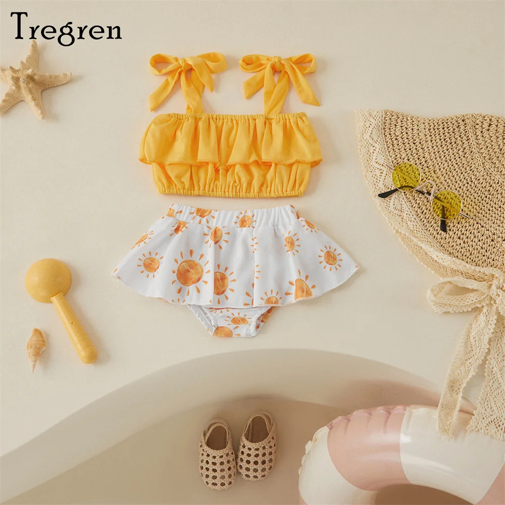 

Tregren Infant Baby Girl Swimsuits Cute Summer Tie-up Strap Crop Tops+Ruffle Tutu Shorts Toddlers Swimwear Beachwear For 0-3Y