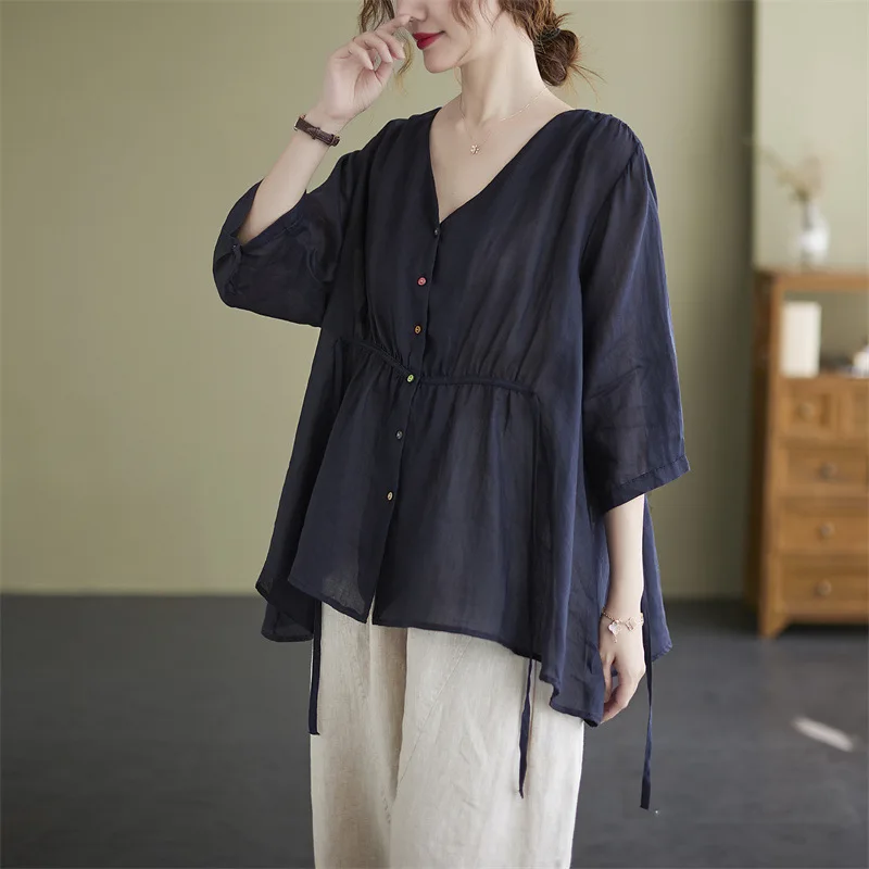 

V-neck Middle Sleeve Shirt 2024 Spring Summer New Literary Large Size Literary Simple Women's Cotton and Hemp Cardigan Cotton Li