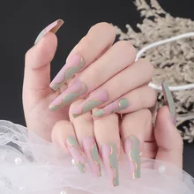

24Pcs Fake Nails Long Frosted Pink Blue Gold Lines Nail Stickers Finished Artificial Nail Full Cover Fake Nail Tips