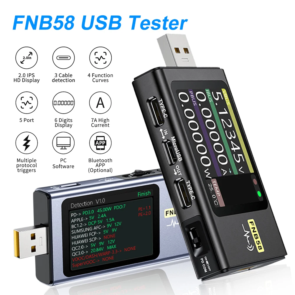 FNB58 USB Type C Voltmeter Ammeter, Fast Charging Detection, Trigger Capacity Measurement, Ripple Measurement
FNB58 USB Type C Voltmeter Ammeter, Fast Charging Detection, Trigger Capacity Measurement, Ripple Measurement