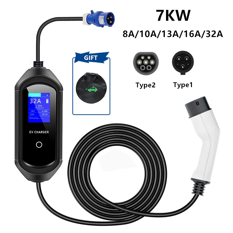 

EV Portable Charger Type 2 IEC62196 7KW / 3.5KW 32A EVSE Charging Cable Controller Wallbox J1772 Type 1 for Electric Car