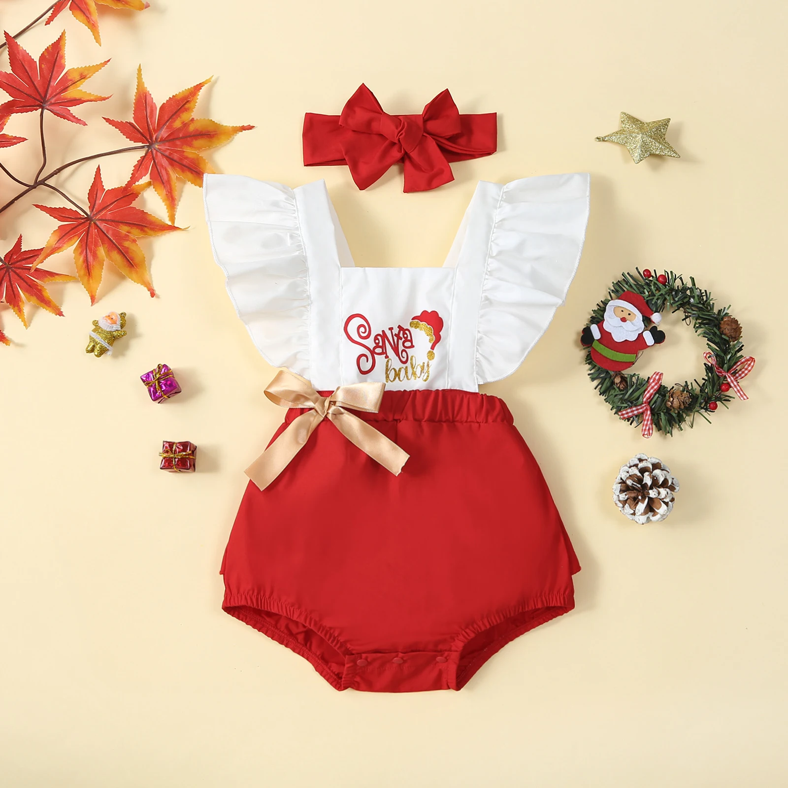 

Baby Girls Christmas Casual Romper Flying Sleeve Letter Print Patchwork Playsuit with Headband