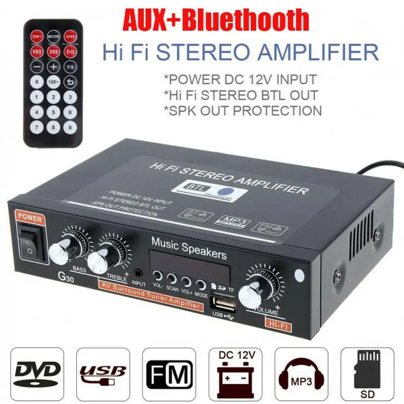 G30 Audio Amplifier 45Wx2 Channel 2.0 Digital for Home Car Powerful Bluetooth 5.0 Hifi Stereo Subwoof AMP Support USB TF FM AUX
G30 Audio Amplifier 45Wx2 Channel 2.0 Digital for Home Car Powerful Bluetooth 5.0 Hifi Stereo Subwoof AMP Support USB TF FM AUX