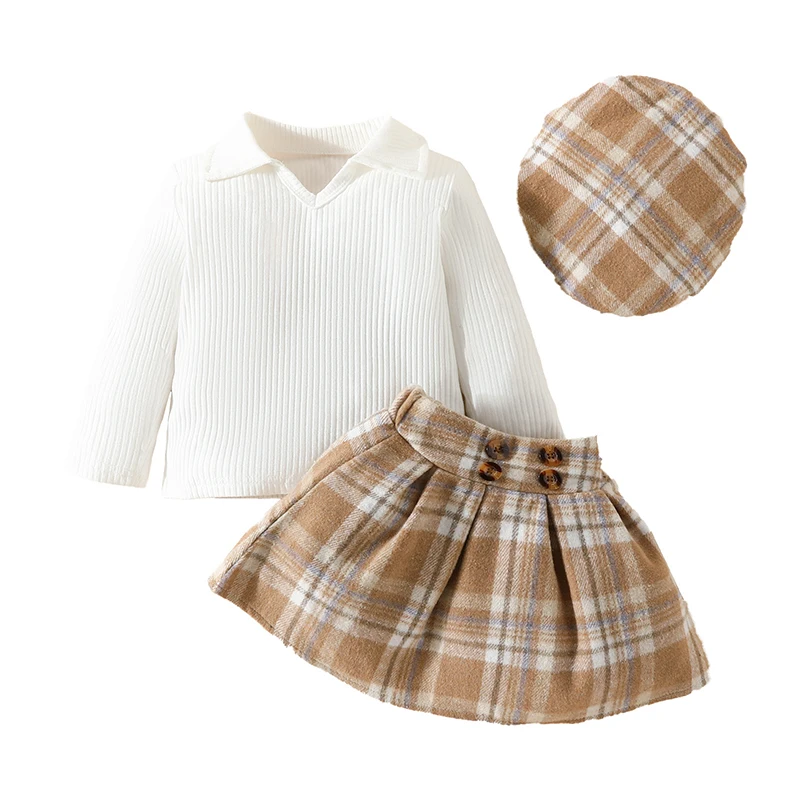 

6 Months-3 Years Toddler Baby Girl Clothes Set Lapel Tops Solid Color Long Sleeve Pit Stripe Tee Tops Plaid Skirts with Hat