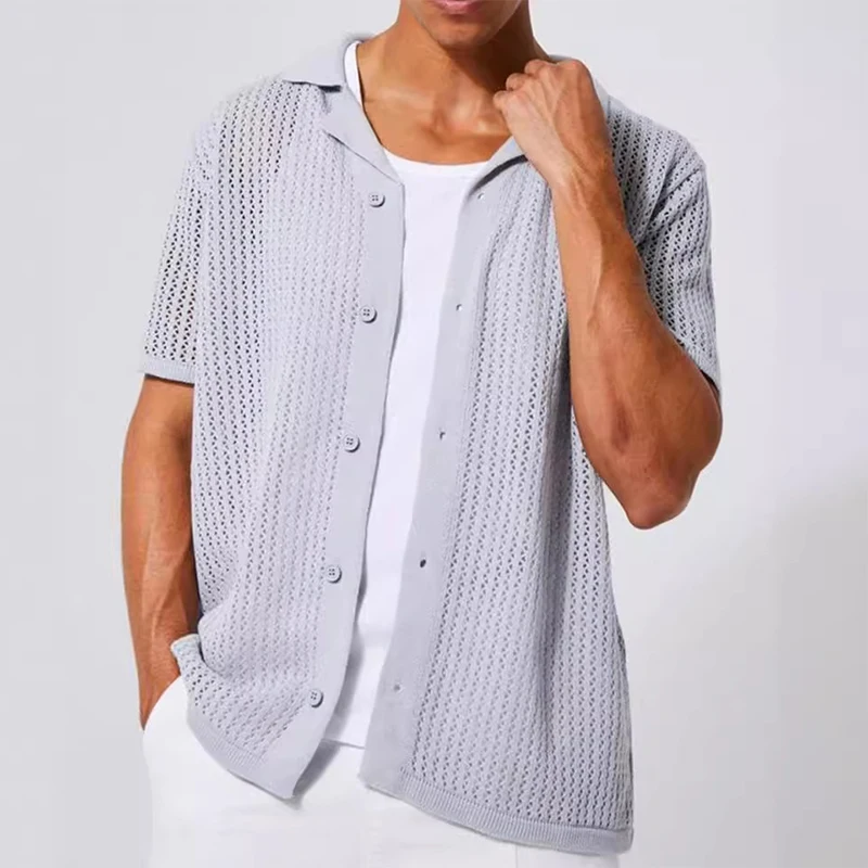 Мужская трикотажная рубашка с короткими рукавами, повседневная трикотажная рубашка с воротником на пуговицах, модная ажурная кофта в уличном стиле, лето 2024
Мужская трикотажная рубашка с короткими рукавами, повседневная трикотажная рубашка с воротником на пуговицах, модная ажурная кофта в уличном стиле, лето 2024