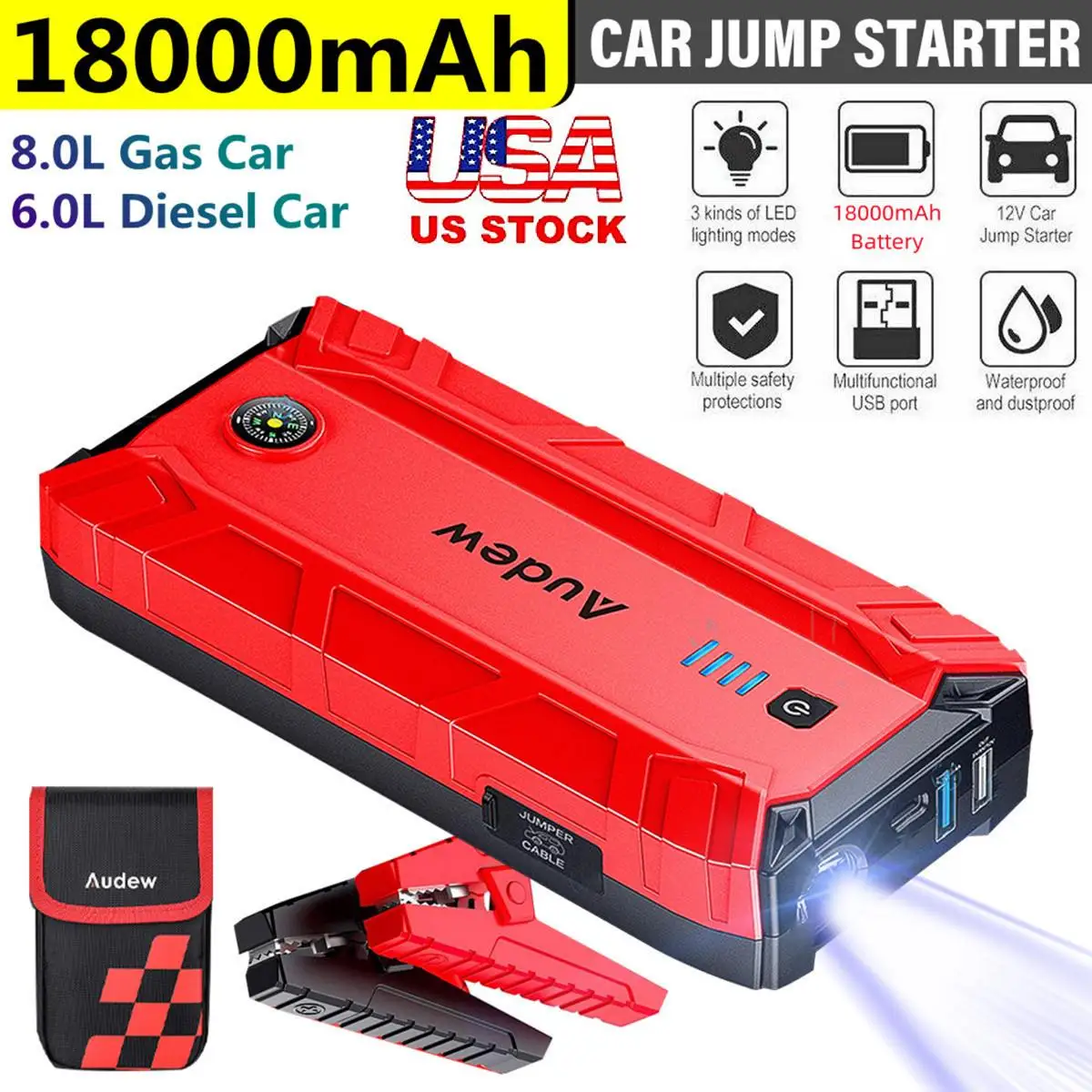 18000mAh 12V Car Jump Starter Power Bank 1500A Emergency Booster Battery Starter Car Start Charger Auto Starting Device
18000mAh 12V Car Jump Starter Power Bank 1500A Emergency Booster Battery Starter Car Start Charger Auto Starting Device