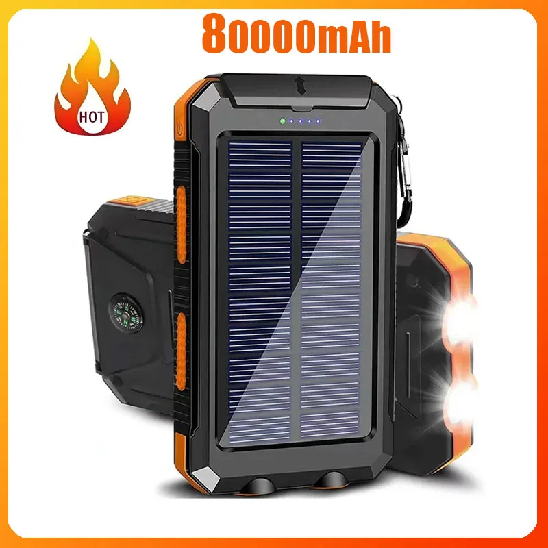 

New solar power bank 80000mAh large capacity two-way fast charging built-in cable power bank external battery for Xiaomi iPhone