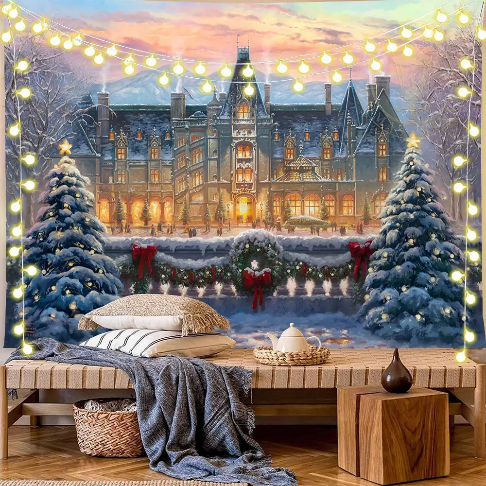 

Christmas Tapestry Wall Hanging Snowflakes Santa Claus Winter Night Fireplace Tapestrirs Background Home Decor Christmas Gifts