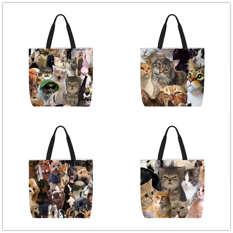

Забавная женская сумка с кошкой, саквояж на плечо с принтом животного для путешествий, вместительный холщовый чемоданчик для покупок на ремешке