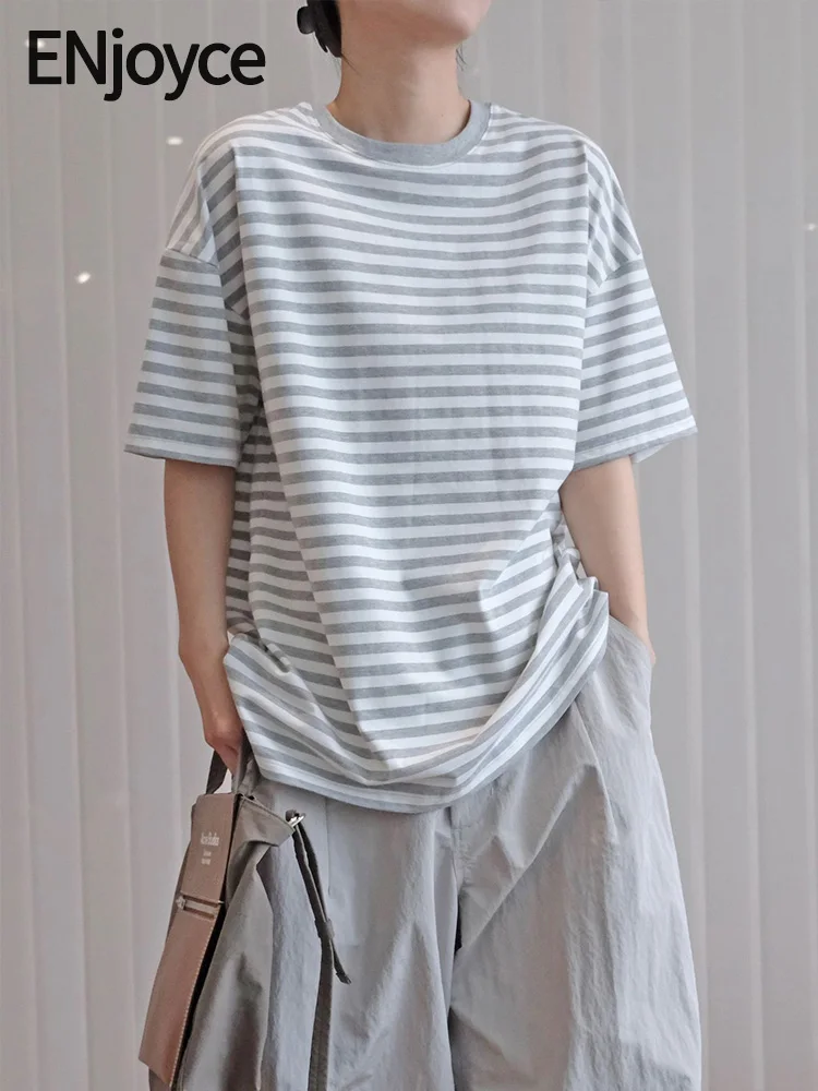 

2024 Summer New Japanese Style Lazy and Relaxed Striped Short Sleeve T-shirt Loose Silhouette Casual Top for Women Streetwear