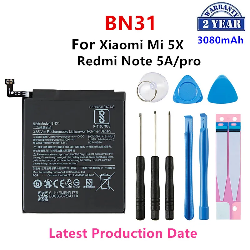 

100% Orginal BN31 3080mAh Battery For Xiaomi Mi 5X Mi5X Redmi Note 5A / Pro Mi A1 Redmi Y1 Lite S2 BN31 Batteries +Tools