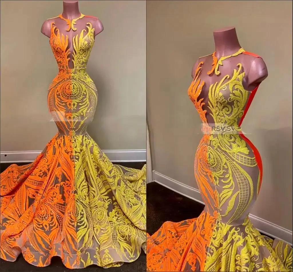 

African Long Formal Prom Dresses For Black Girls 2023 Organe And Yellow Sheer Neck Sequin Lace Mermaid Evening Party Gowns