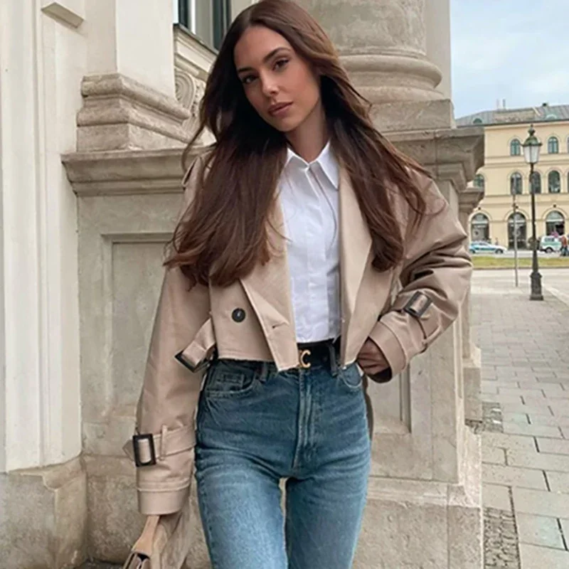 

Belt Cropped Trench Jacket Women Autumn Fashion Vintage Streetwear Double Breasted Long Sleeve Top Female Chic Lady Coat Outfits