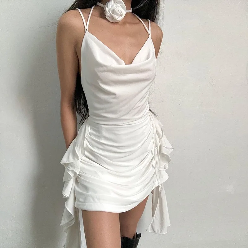 

Women's Fashion Flower Decor Sexy Backless Commuting Ruffle Suspender Mini Dress New Women Asymmetric High Waist Pleated Dresses