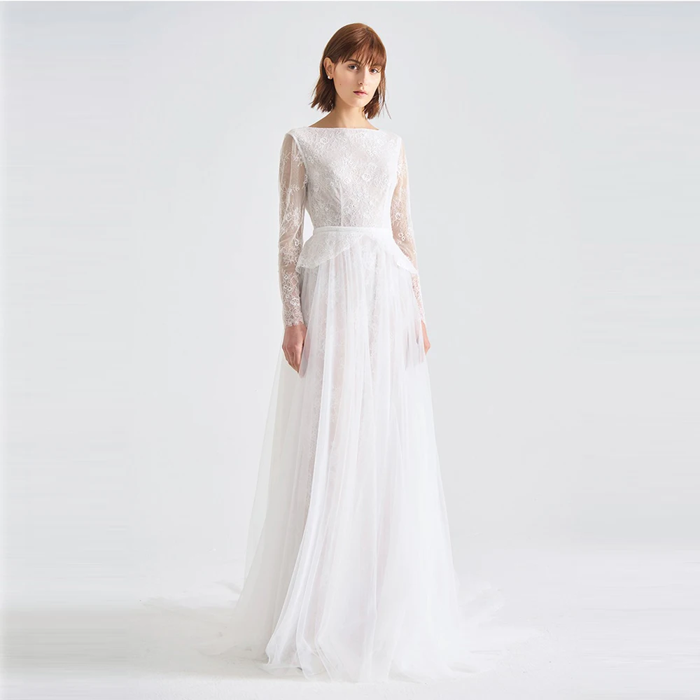 

New Fashion Appliques Lace Long-Sleeve Sashes Tulle A-Line Wedding Dress Bridal Gown Beach Vestido De Novia Custom Made