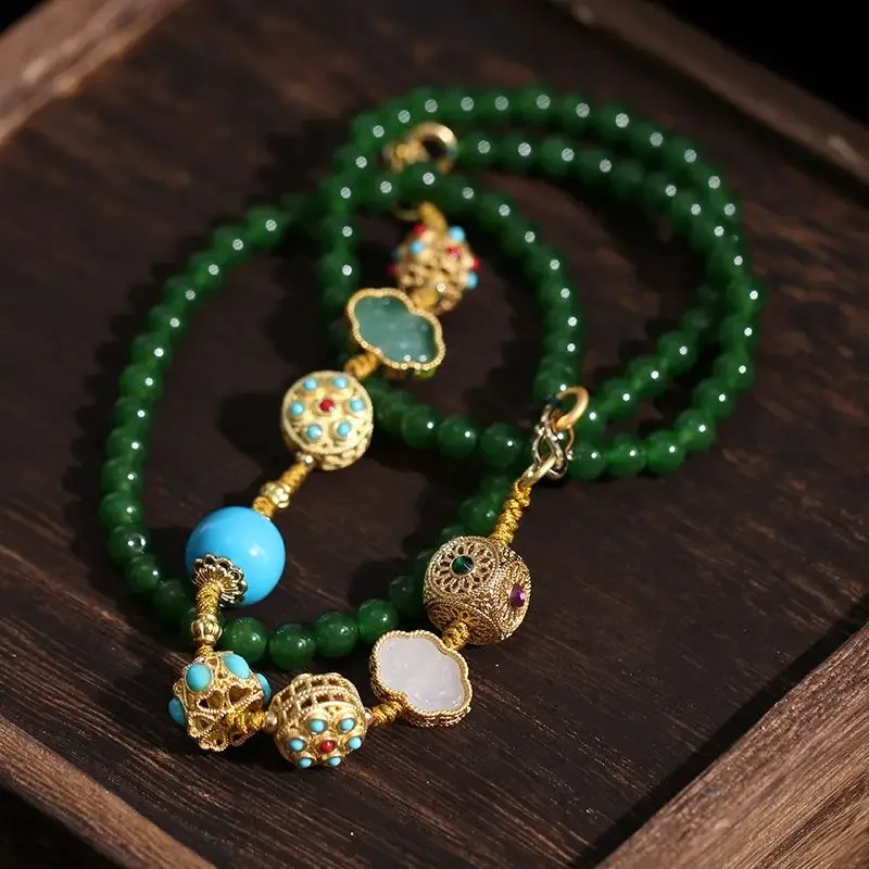 

UMQ riginal Design National Style Retro Emerald round Beads Turquoise Agate Xiangyun Long Necklace Sweater Chain