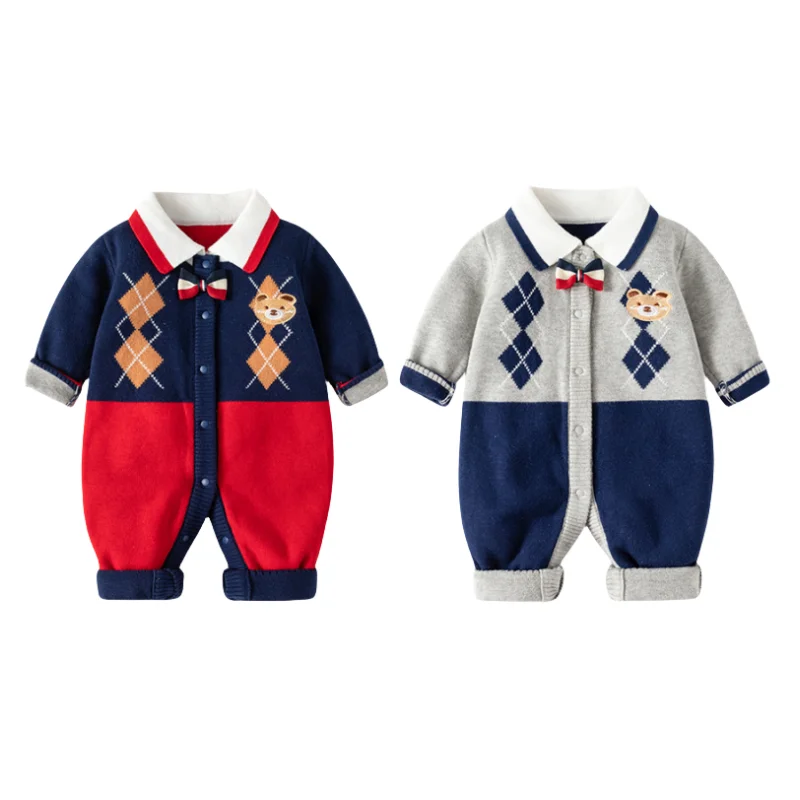 

Newborn Baby Boys Knit Romper Plaid Gentleman Style Onesies Infant Girls Cotton Jumpsuit Kids Sweater Bodysuit Winter Clothes