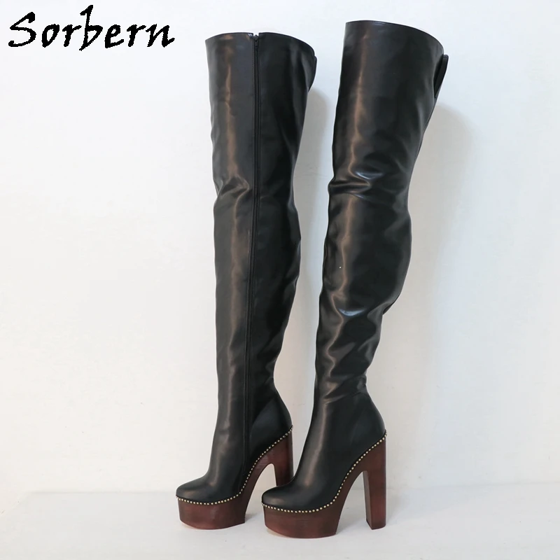 

Sorbern Fetish Crotch Thigh High Boots Women Block High Heel Platform Rivets Around Winter Style Drag Queen Shoes Custom